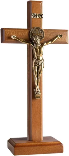KUXBET Cruz Crucifijo Católica de 10.7 Pulgadas de Madera con Jesucristo Cruz de Pared con Soporte, para Colgar o Mesa con Soporte para Decoración
