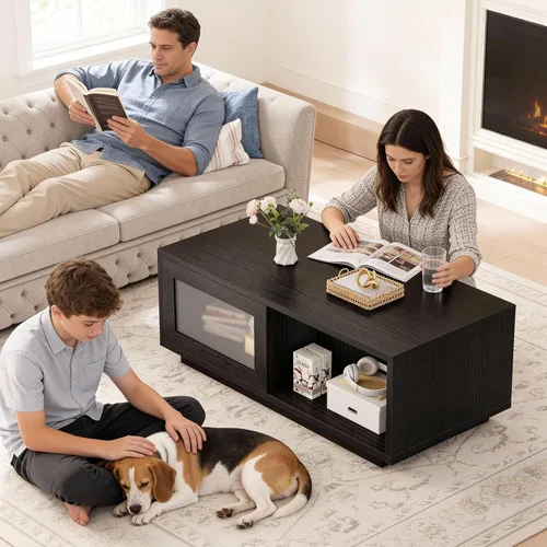Miniatura 6 de HSH Mesa auxiliar negra para sala de estar, mesas de centro rectangulares de madera moderna de 47 pulgadas con puerta corredera y estante abierto