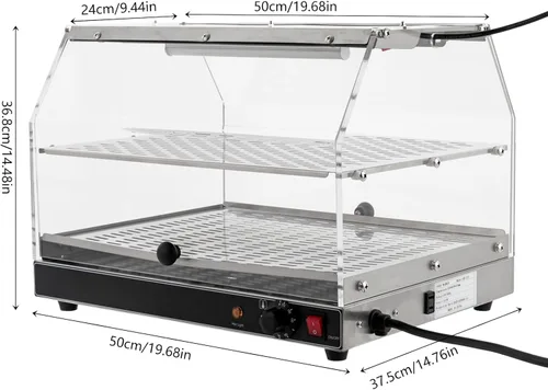 Miniatura 2 de Calentador de alimentos comercial, calentador de exhibición de alimentos de 2 niveles con puerta acrílica y pies antideslizantes, vitrina grande