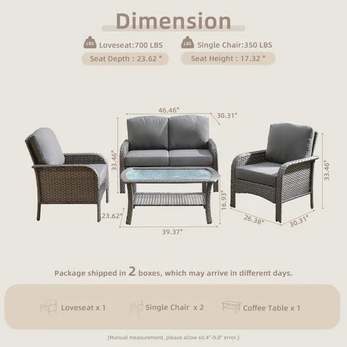 Miniatura 7 de CAODOC Juego de muebles de mimbre para patio, 4 piezas, para todo tipo de clima, sofá biplaza y mesa para patio trasero, balcón y terraza