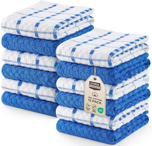 Utopia Towels - Juego de 12 toallas de cocina, 15 x 25 pulgadas, 100% algodón hilado en anillo súper suave y absorbente, toallas de lino para Azul