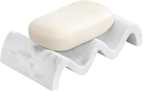 Luxspire Jabonera, Jabonera de Mármol, Bandeja Autodrenante, Soporte de Jabón para Ducha, Baño, Fregadero, Cocina y Encimera, Blanco Grava