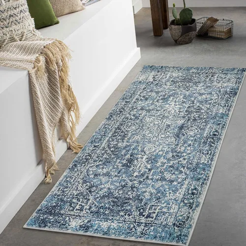 Morebes Alfombra Bohemia Azul para Baño 2x4.3 pies, Alfombra de Pasillo Lavable Antideslizante Tapete de Baño Suave, Alfombras de Piso Interior de