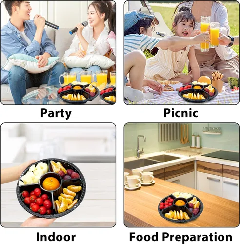Miniatura 4 de 12 bandejas desechables para frutas, bandeja redonda de plástico para servir aperitivos con tapa, 5 compartimentos, platos de fiesta, recipientes