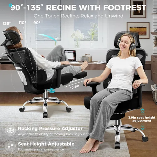 Miniatura 8 de Silla de oficina ergonómica con reposapiés, silla de escritorio grande y alta, silla de computadora con respaldo alto con brazos 3D y soporte Negro