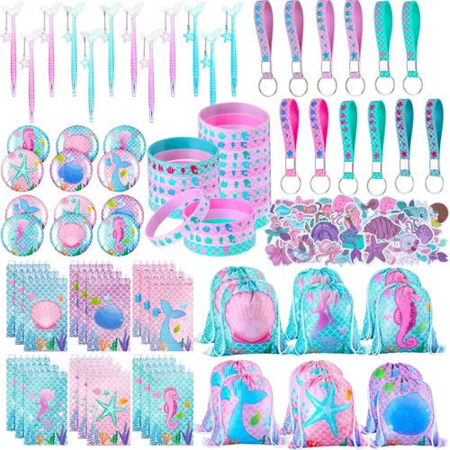 Sherr 140 bolsas de regalo de fiesta de sirena para niñas, suministros de decoración de cumpleaños, incluye bolsas con cordón, pulseras de silicona,
