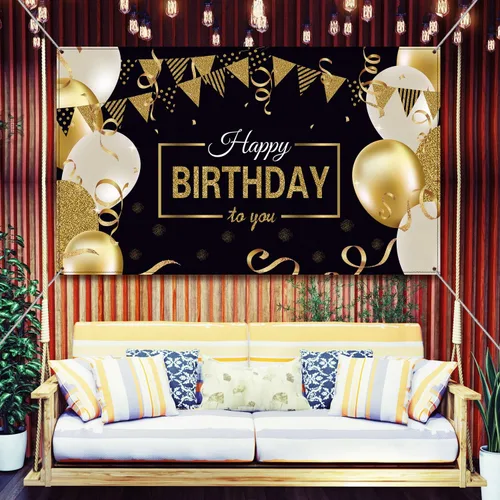 Miniatura 5 de Blulu Cartel de feliz cumpleaños negro y dorado grande para fotos, telón de fondo de tela con purpurina para suministros de decoración de fiesta