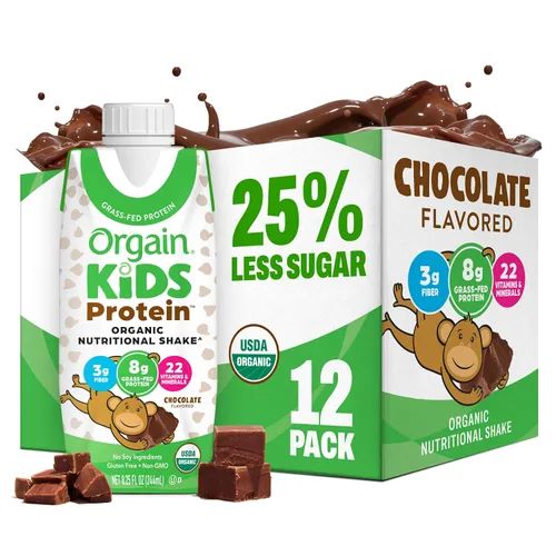 Orgain Organic Kids - Batido nutricional de proteínas para niños, chocolate, aperitivos saludables para niños, 8g de proteína láctea, 3g de fibra,