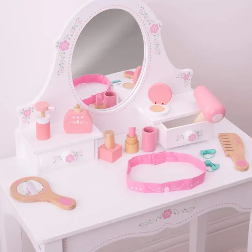 Miniatura 9 de Bigjigs Toys Estuche de madera para niños, kit de tocador de 11 piezas y accesorios con bolsa de transporte de lunares rosados, juguete ideal