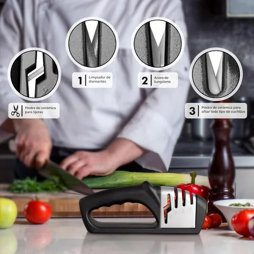 Miniatura 3 de HOTEC Afilador de cuchillos 4 en 1, afilador manual de 3 etapas para afilar cuchillos de cocina, 1 etapa para tijeras, piedra de cerámica, placas
