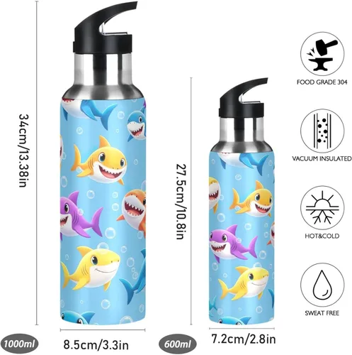 Miniatura 2 de BPA-Free Sport Water Bottle Insulated 32 Oz, Insulated Water Bottle for Gym Outdoor Travel School, Colorful Cartoon Sharks Blue