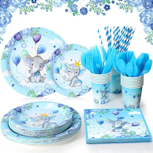 Spakon Juego de 200 piezas de decoración de baby shower, platos de papel para fiesta de elefante, servilletas, tazas y vajilla, juego de vajilla Azul