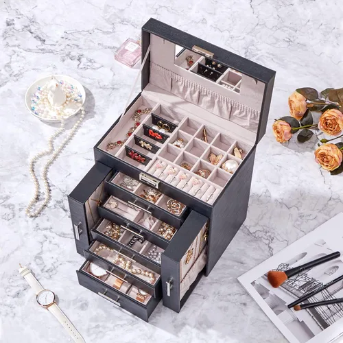 Miniatura 7 de ANWBROAD UJJB008B - Caja organizadora de joyas de 6 niveles con cerradura de espejo, soporte de joyería para aretes, anillos, pulseras, organizador