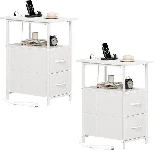 Miniatura 9 de Somdot - Mesa auxiliar con estación de carga; mesa auxiliar estrecha con 2 cajones de tela, mesita de noche delgada con almacenamiento; pequeña mesa