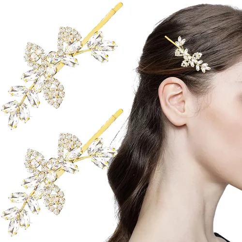 BOYIVI 2 horquillas para el pelo de boda con diamantes de imitación para novia, horquilla para el cabello de la hoja, horquilla de cristal para