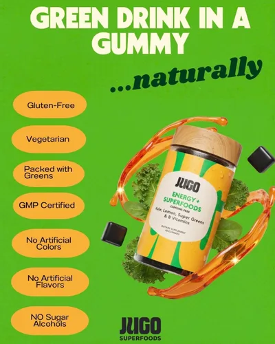 Miniatura 3 de JUGO Energy + SUPERFOODS - Gomitas de vitamina B12 con col rizada y súper verdes, gomitas energéticas sin cafeína, aptas para vegetarianos, sin