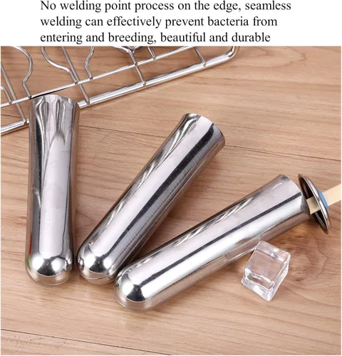 Miniatura 4 de 10 moldes de acero inoxidable para paletas y moldes para paletas de helado con 10 máquinas redondas de paletas de hielo + 100 palos de bambú Plata