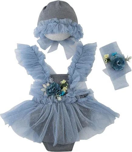 Miniatura 4 de Zeroest Conjunto de Accesorios para Fotografía de Recién Nacidos, Juego de Vestido de Encaje para Niña, Traje para Sesión de Fotos de Bebé Niña