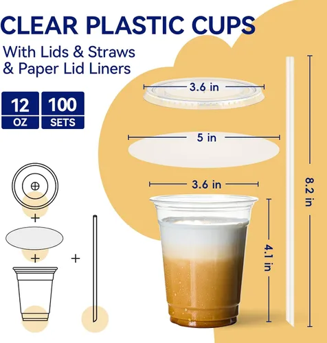 Miniatura 2 de JOLLY CHEF Paquete de 100 vasos de plástico transparente de 12 onzas con tapas y pajitas, tazas desechables para café helado con tapas para batidos