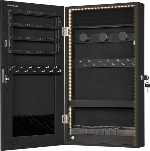 Miniatura 10 de SONGMICS Armario de joyería con espejo con luces LED integradas, organizador de almacenamiento de joyas montado en la pared o en la puerta, 3.8 x