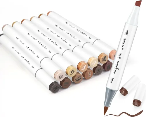 SFAIH Rotuladores de alcohol en tono de piel con brocha y cincel, 12 colores oscuros para retratos oscuros, mezclables y recargables, marcadores