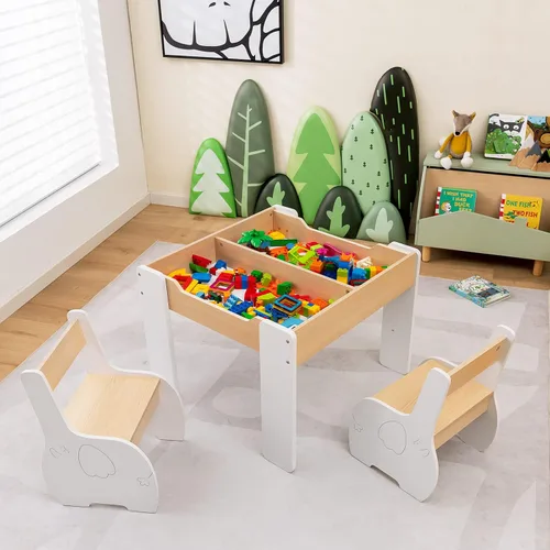 Miniatura 7 de HONEY JOY Juego de mesa y silla para niños, mesa de actividades de madera 4 en 1 y 2 sillas para manualidades artísticas, pizarra reversible, 3
