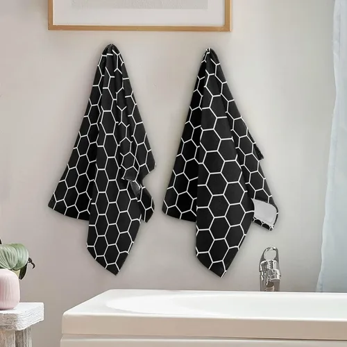 Miniatura 4 de Juego de 2 toallas faciales de poliéster suave y absorbente para baño, diseño de panal de abeja, hexagonal, negro y blanco, para peluquería