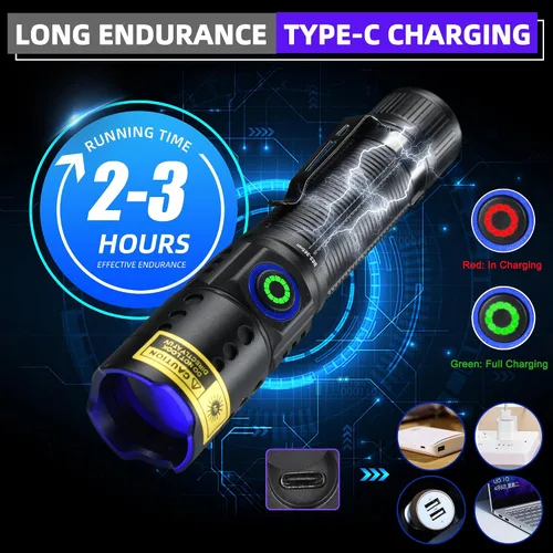 Miniatura 6 de DARKBEAM Linterna de Luz UV de 365nm Luz Negra, Mini Linternas de Luz Negra de 20W con 3 LED Recargables Lámpara Woods para Orina de Mascotas, Fugas