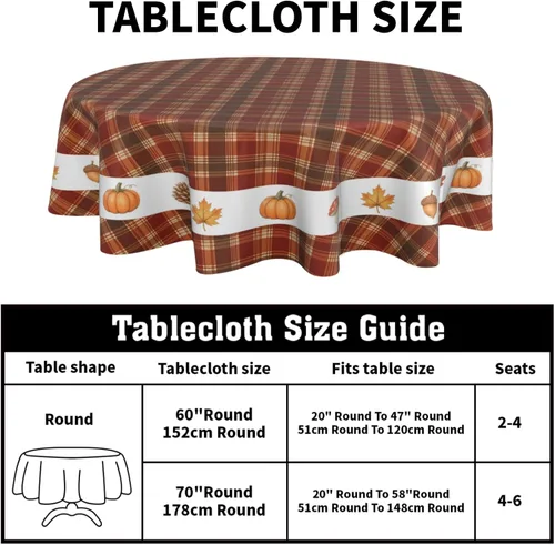 Miniatura 2 de Fall Tablecloth Round 60 Inch Autumn Thanksgiving Table Cloths Circle Pumpkin Buffalo Plaids Table Cloth Rustic Farmhouse Tablecloth for Holiday