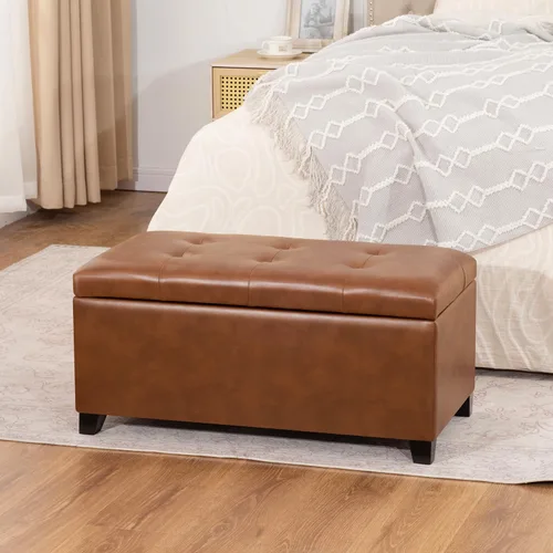 Miniatura 7 de Asense Banco otomano de almacenamiento, otomano tapizado de piel sintética con almacenamiento, banco de extremo de cama con bisagras de seguridad