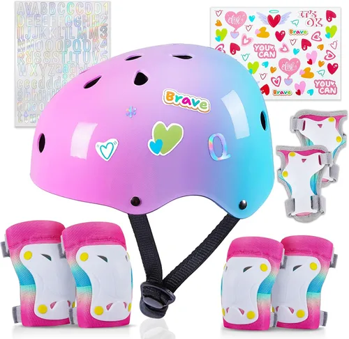 Miniatura 11 de Casco para niños, casco de bicicleta para niños pequeños con pegatinas DIY Unicornio, rodilleras y coderas ajustables, juego de protección para Rosa