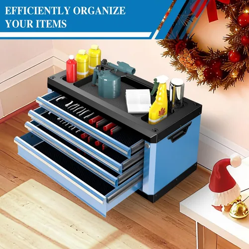 Miniatura 7 de Caja de herramientas de 4 cajones con cerradura y llaves, caja de herramientas portátil con encimera multifuncional, con forro de cajón y orificios