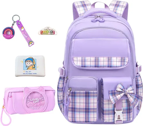 Miniatura 8 de Mochila azul de 5 piezas para niñas escolares – Mochila Kawaii para escuela primaria para niños, lindas mochilas a cuadros para niñas, estudiantes