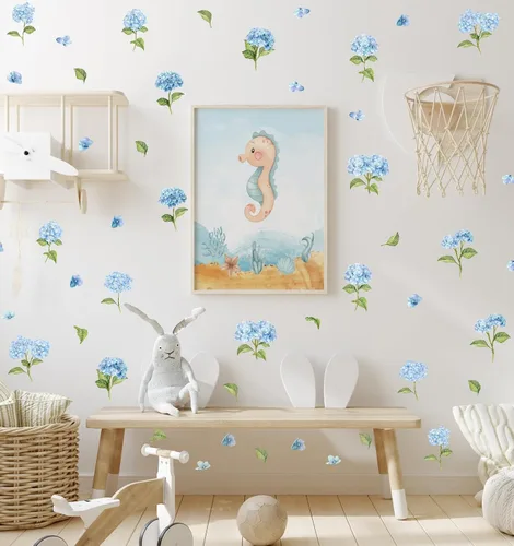 Miniatura 2 de Calcomanías de pared de hortensias azules de acuarela, calcomanías de pared de vinilo floral de flores, flores extraíbles con hojas verdes, arte