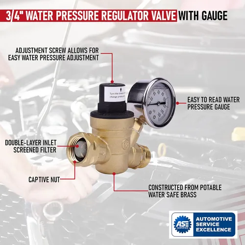 Miniatura 3 de Regulador de presión de agua para autocaravana con medidor ajustable de manguera de agua de 3/4 pulgadas, regulador de presión de agua