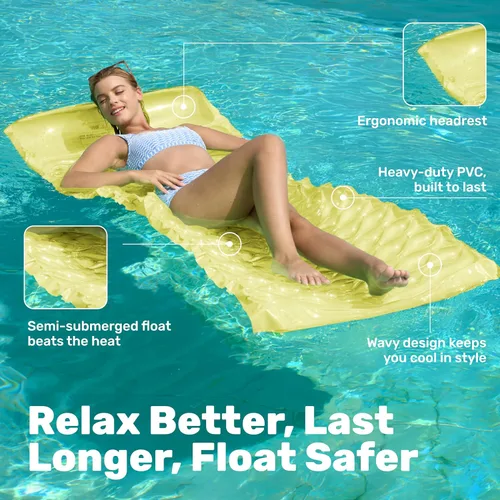 Miniatura 4 de Sloosh Paquete de 3 alfombrillas inflables para piscina, colchón flotador, con reposacabezas, flotador de piscina para adultos, 64 x 32 pulgadas
