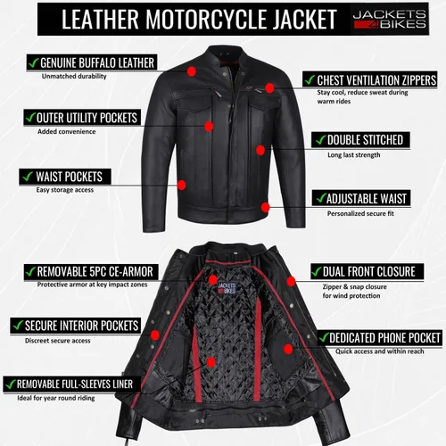 Miniatura 6 de COMMUTER - Chaqueta de motocicleta para hombre, piel de búfalo premium, armadura CE, bolsillos utilitarios, Street Cruiser Motorbike Biker Negro