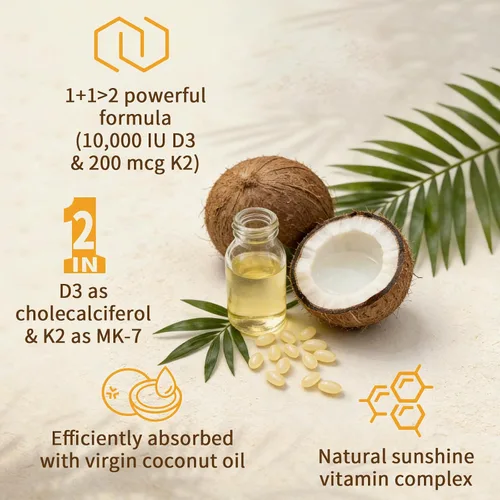 Miniatura 4 de Suplemento de vitamina D3 K2 2 en 1 Softgel, vitamina D3 10000 UI y vitamina K2 200 mcg, K2 MK7 con suplemento de vitamina D3 que apoya la salud