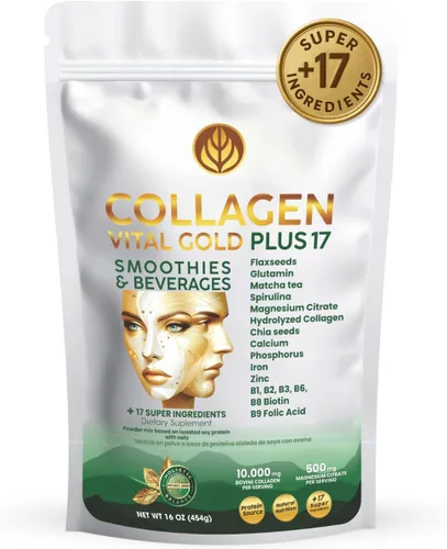 Vital Life - Polvo de péptidos de colágeno – Colágeno hidrolizado con fórmula BioSynergy y 17 súper ingredientes, sabor a menta y limón, 16 onzas,