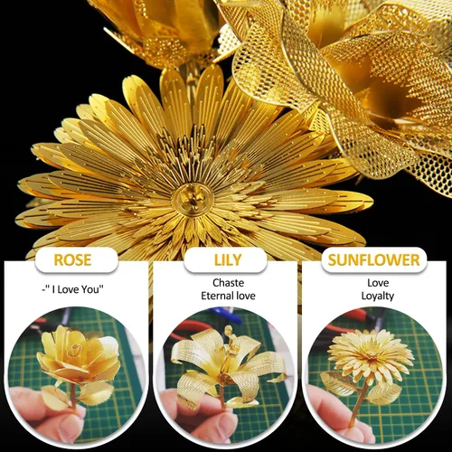Miniatura 3 de Microworld Rompecabezas de metal 3D, kit de modelos de metal de flores doradas, regalo de bricolaje para adultos, montaje para principiantes