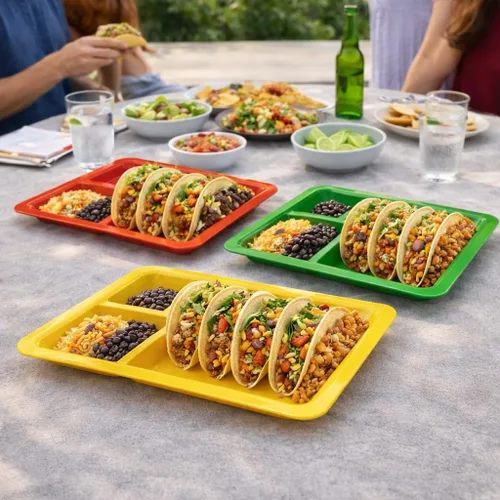 Miniatura 7 de Dependable Industries inc. Essentials Juego de 3 platos rectangulares para tacos, bandejas de plástico sin BPA con divisores, apilables, aptos