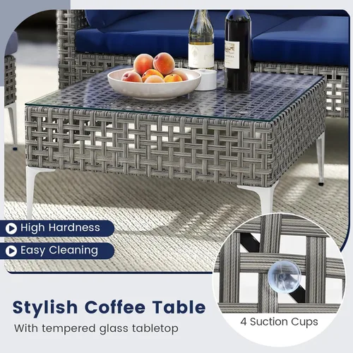 Miniatura 8 de Tangkula Juego de muebles de exterior de 5 piezas, juego de sofá modular acolchado de mimbre resistente con mesa de café de vidrio templado