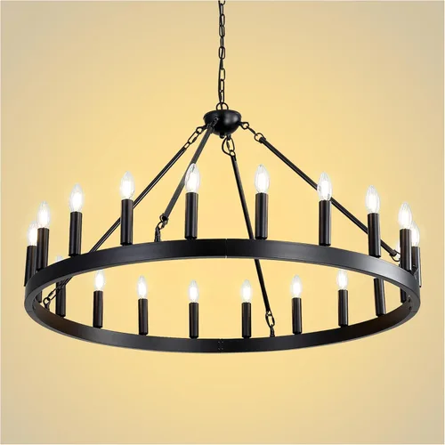 Miniatura 15 de Candelabro de dos niveles en negro, rueda de vagón grande, 54 luces, lámpara colgante de granja redonda de 152 cm, iluminación rústica para comedor