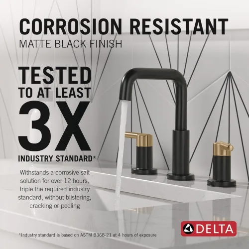 Miniatura 2 de Delta Nicoli - Grifo de lavabo de baño con 3 agujeros, 8 pulgadas para lavabo de baño, montaje de drenaje push-pop, negro mate/bronce champán
