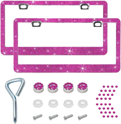 Miniatura 12 de Ziciner 2 piezas de marco de matrícula brillante, cubierta de etiqueta de matrícula brillante con diamantes de imitación multifacéticos, soporte
