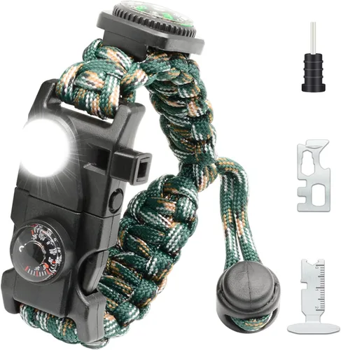 Miniatura 20 de Brazalete de paracord de supervivencia 20 en 1, kit de equipo ajustable con luz LED SOS, arrancador de fuego, brújula más grande, silbato de Negro