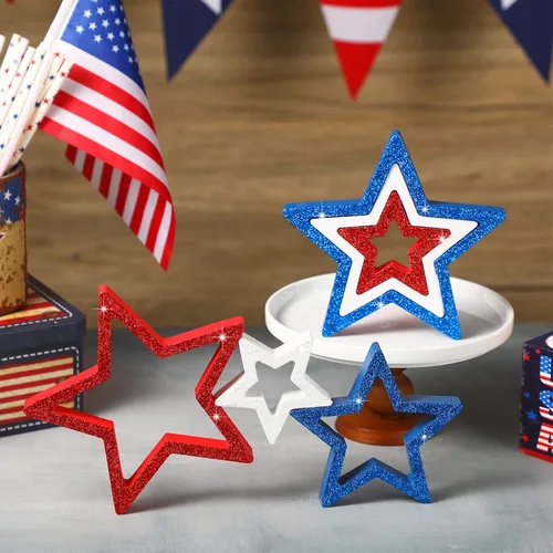 Miniatura 2 de Blulu 6 piezas de decoraciones patrióticas del 4 de julio, decoración de mesa para el Día de los Caídos, letreros de estrella de madera, rojo