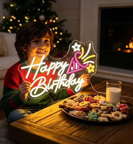 Letrero de neón de feliz cumpleaños, letrero de fiesta con luz LED de 20 pulgadas para decoración de pared con enchufe USB, letrero iluminado para