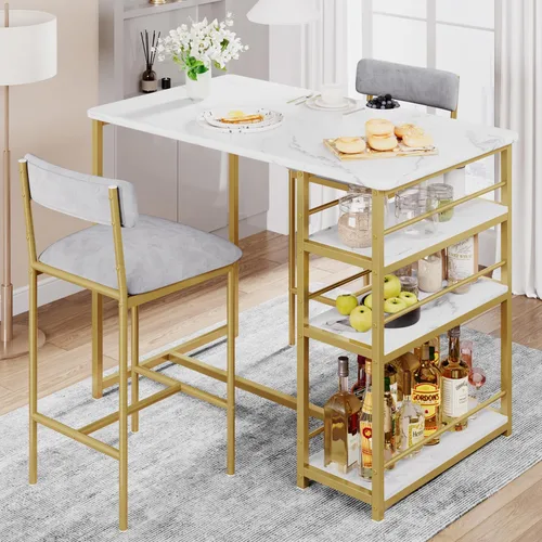 CABIHOME Juego de mesa de comedor para 2, mesa de cocina y sillas tapizadas de terciopelo para 2, juego de mesa de bar de altura de mostrador de 3