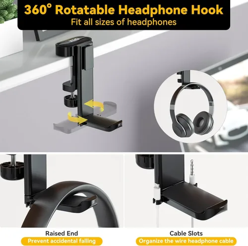 Miniatura 3 de KDD Soporte para tazas de escritorio 4 en 1 - Abrazadera para debajo del escritorio para auriculares - Soporte giratorio para auriculares con Negro